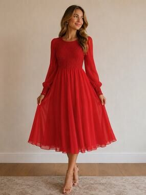 Vintage Rona New York Women’s Long Sleeve Midi Dress Size 10 Red T6